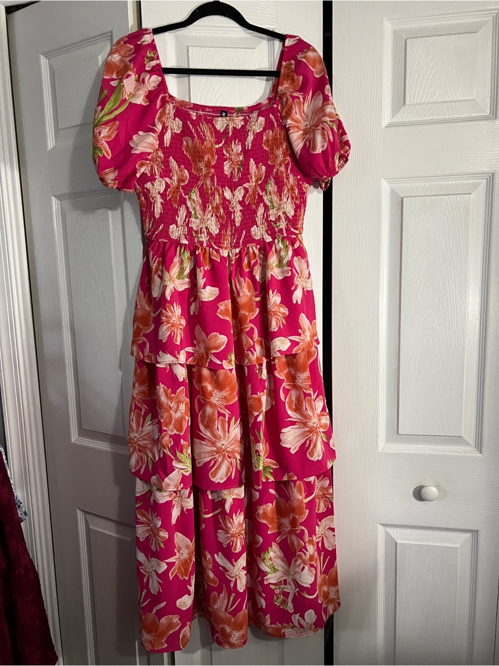 Women's Pink Floral Tiered Maxi Dress with Smocked Bodice